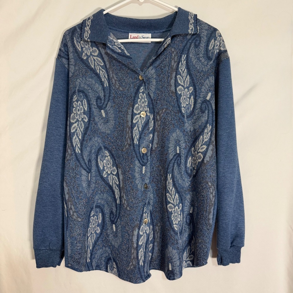 Vintage Land n Sea Blue Paisley Floral Knit Button Front Long Sleeve Top XL